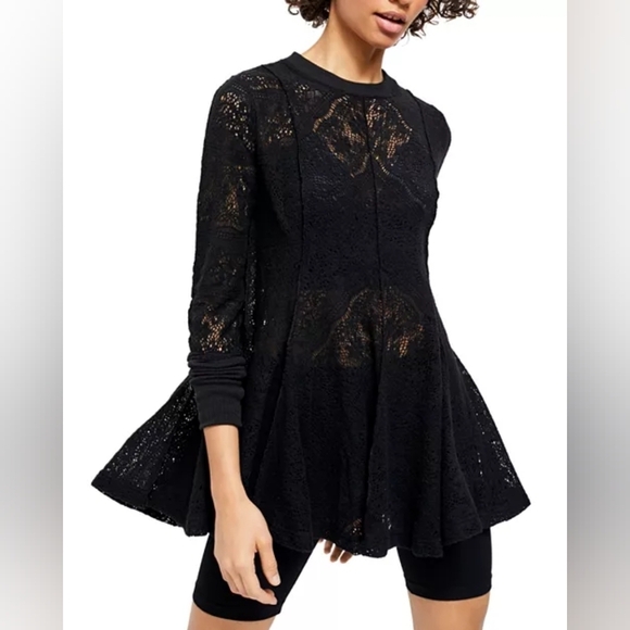 Free People Coffee In The Morning Lace Tunic Top Mini Dress Black Fit-n-Flare XS - Picture 1 of 9